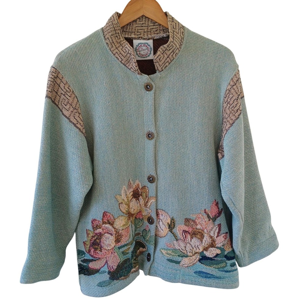Sugar Street Weavers Floral Tapestry Jacket Blue Cotton Button Cardigan Medium